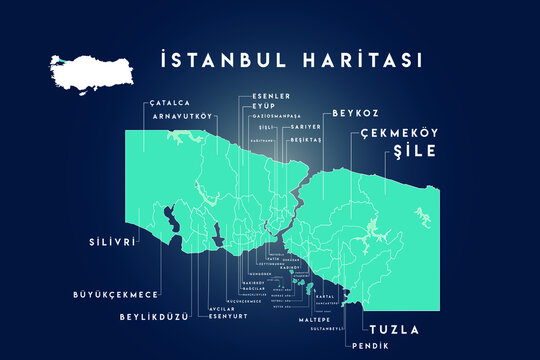 istanbul districts Besiktas, kadikoy, eminonu, fatih, sariyer, tuzla, maltepe, kartal, basaksehir, buyukcekmece, bagcilar, avcilar, silivri,sultanbeyli, beyoglu, eyup, uskudar, umraniye, map, Turkey