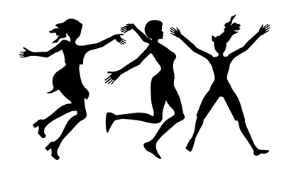 black thin, hands up silhouettes of jumping women with different hairstyles set of vector people isolated on white background