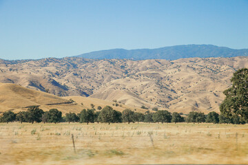 Golden rolling California hills. Beautiful landscape view from car.