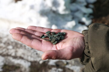 Ancient copper coins in hand