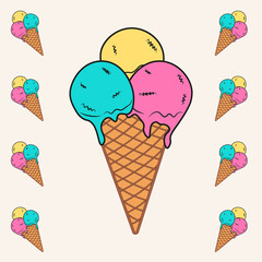 Ice cream with waffle. Three balls of ice cream. Colorful summer food.