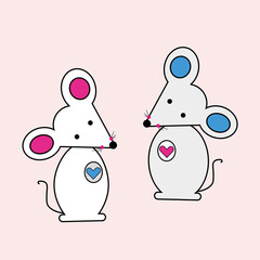 Two mice. Boy and girl. Hearts.