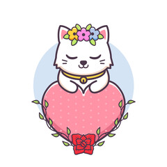cute cat with flower and huge heart