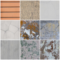 Wall texture set. Rough surfaces of the plastered and colored concrete walls with patterns of...