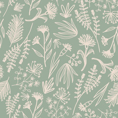 Flowers and branches botanical vector random placed seamless pattern. All over print with sage green background.