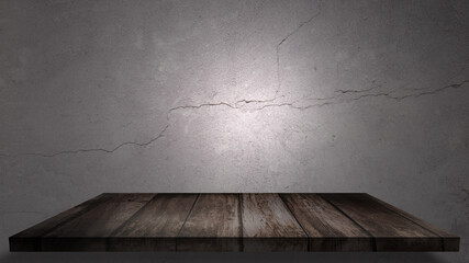 Concrete wall wooden table. Swinging light above. Interrogation room. Plenty of copy space for your important messages.