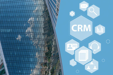 CRM customer relationship management, internet business technology concept, CRM scheme in skyscraper background