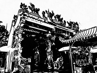 Ancient chinese shrine Black and white illustrations.