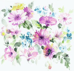 
Flowers watercolor illustration.Manual composition.Big Set watercolor elements，Design for textile, wallpapers，Element for design,Greeting card