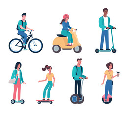 men and women ride modern electric scooters, skateboards, gyroboard, bicycles, mopeds. Eco friendly alternative vehicles set. Vector people.in flat style.