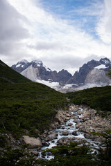 A beautiful valley in Torres del Paine National Park, with forest, a river and incredible mountains behind