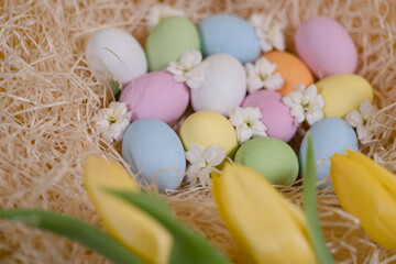 multicolored easter eggs on hay and near yellow tulips on yellow background