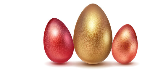Three realistic Easter eggs with different surface texture in red and golden colors. With shadow on white background