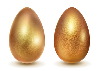 Two realistic Easter eggs with different surface texture in golden colors. With shadow on white background