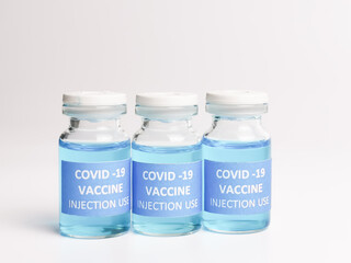 Selective focus a row of COVID 19 VACCINE isolated on white background.