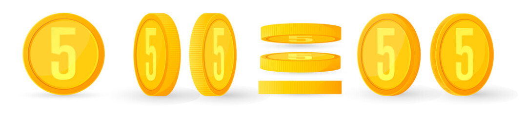 Cartoon gold coin icons, flat graphic design template, game logo, app symbols, vector illustration