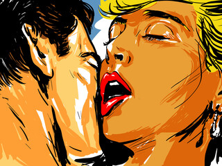 couple amour mixte, sensualité, portrait visage, dessin aplat couleur (vectoriel) - 420162568