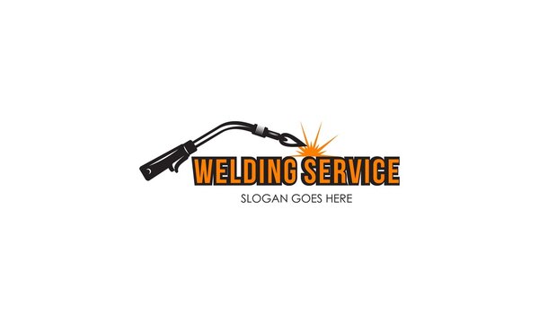 Welding torch with spark logo design. Welder tool vector design