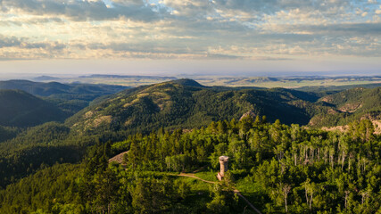 Sunset at Mount Roosevelt Picnic Area and tower in the Black Hills National Forest near Deadwood,...