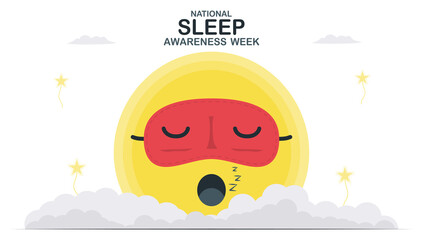 Banner cover for National Sleep Awareness Week. The moon wears blindfold. Vector illustration in flat style. This graphic is isolated on white background. 14 to 20 March, 2021.
