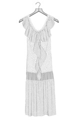 Wireframe of the dress model hangs on a hanger made of black lines on a white background. 3D. Vector illustration