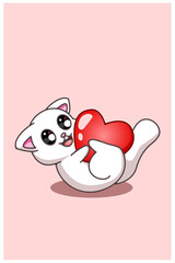 Kawaii and funny cat that rolls with a big heart valentine cartoon illustration