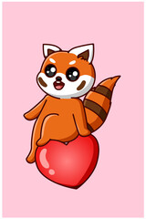 Kawaii and happy red panda sits on heart valentine cartoon illustration