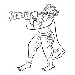 Indian Royal Palace, King, queen, Musicians, drummers, and servants were drawn in Indian folk art, Kalamkari style. for textile printing, logo, wallpaper  