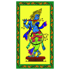 Lord Krishna Indian God of love. in Madhuni painting style on wall, Jaipur, Rajasthan