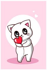 A cute white cat hugging a small heart cartoon illustration