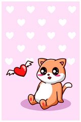 A happy and funny cat with flying heart cartoon illustration