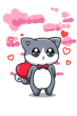A cute kitten bring a big heart cartoon illustration