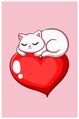 Obraz na płótnie Canvas A cute cat sleep on a big heart cartoon illustration