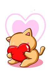 A cute and shy cat hugging a pillow heart cartoon illustration