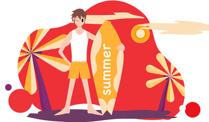 Concept summer, happy holidays. A boy standing with a surfboard and a summer-style background.  Vector illustration for content vacation, summer, travel, sea, relaxation lifestyle, happiness 