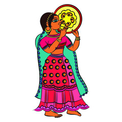 Indian Royal Palace, King, queen, Musicians, drummers, and servants were drawn in Indian folk art, Kalamkari style. for textile printing, logo, wallpaper  