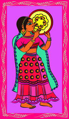 Indian Royal Palace, King, queen, Musicians, drummers, and servants were drawn in Indian folk art, Kalamkari style. for textile printing, logo, wallpaper  