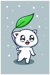 A cute and happy cat with a leaf cartoon illustration