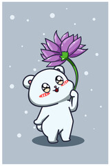 A cute and happy baby bear with purple flower cartoon illustration