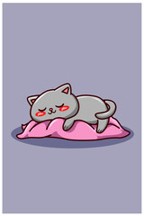 A sleepy cute cat on the pillow, animal cartoon illustration