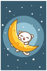 Cute cat with moon at the night animal cartoon illustration