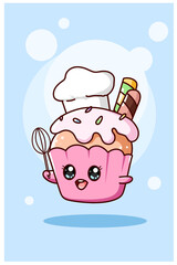 Cute and sweet cupcake as chef cartoon illustration