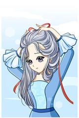 Beautiful princess silver hair with blue dress cartoon illustration