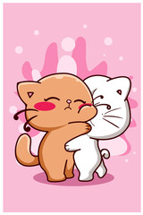 Cute couple cat hug together cartoon illustration