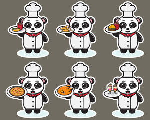 Vector illustration of cute Panda Chef cartoon with food. Cute Panda expression character design bundle. Good for icon, logo, label, sticker, clipart.