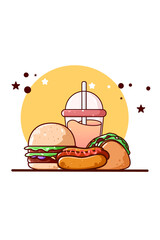 Sweet burger, hotdog, taco and juice icon cartoon illustration