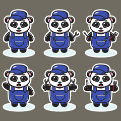 Vector illustration of cute Panda Mechanic cartoon. Cute Panda expression character design bundle. Good for icon, logo, label, sticker, clipart.