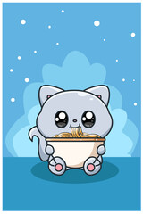 Cute and happy cat eating noodle animal cartoon illustration