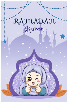 Little muslim girl at ramadan kareem cartoon illustration