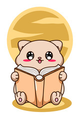 Cute and funny little cat reading a book animal cartoon illustration